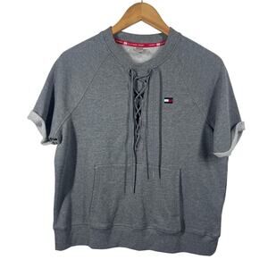 Tommy Hilfiger Top Women Size M Gray Embroidered Logo Tie Detail Front Pocket